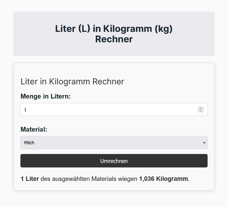 Liter in kg Rechner