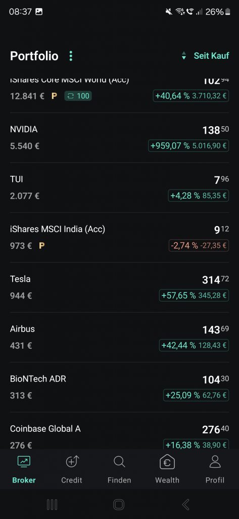Scalable Capital Dashboard Mobile App Performance seit Kauf