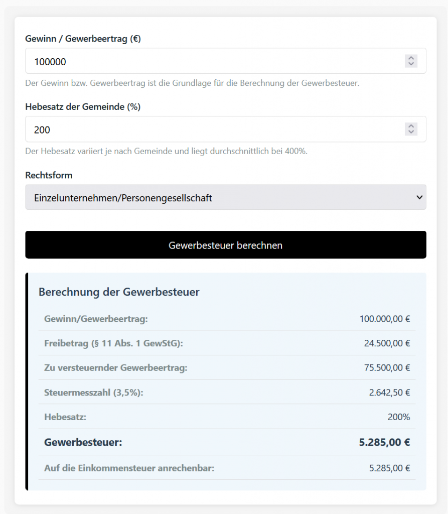 Gewerbesteuer berechnen mit Hebesatz 200