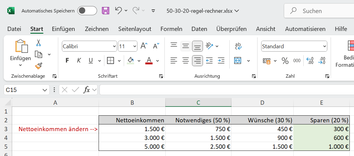 Vorschau der 50-30-20-Regel Excel-Vorlage