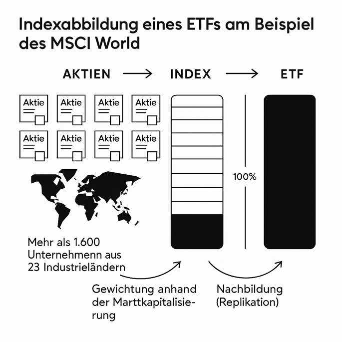 Zusammensetzung eines ETF: Über 1.600 Einzelaktien aus 23 Industrieländern mit Gewichtung anhand der Marktkapitalisierung