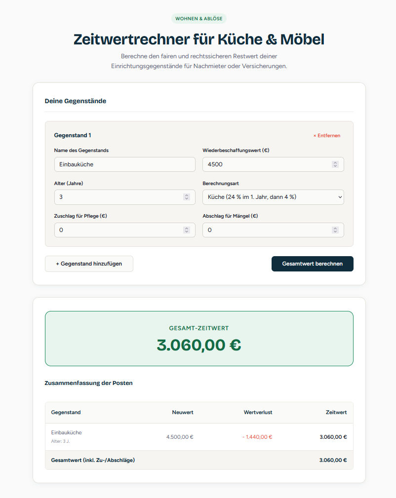 Zeitwert Kche Online Rechner