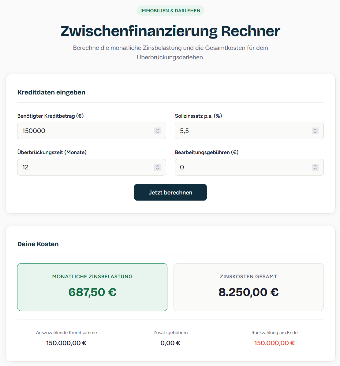 Zwischenfinanzierung Rechner