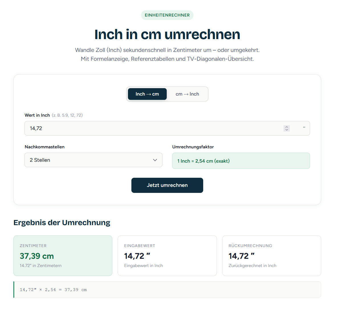 Inch in cm Rechner