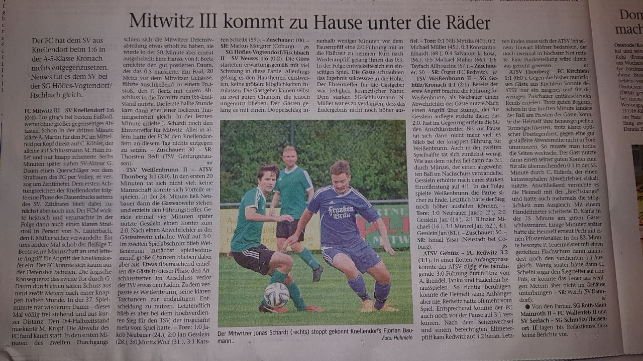 Zeitungsbericht über ein Spiel von Florian Baumann für den SV Knellendorf